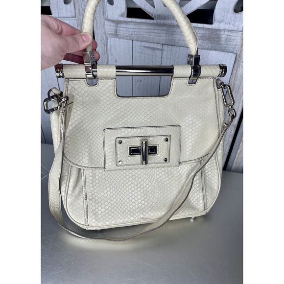 Banana Republic Leather Satchel Bag Top Handle Cream Croc Embossed - Picture 1 of 9